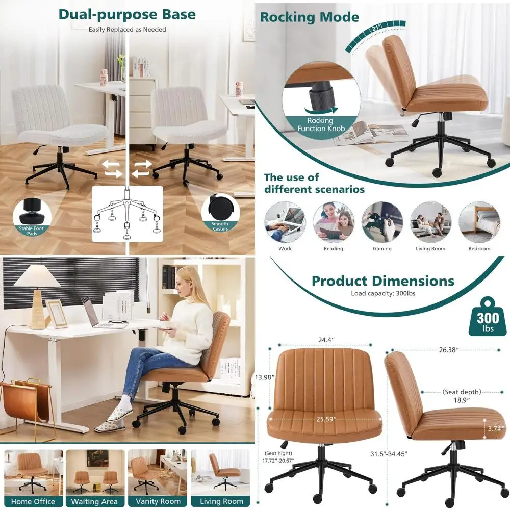 

Adjustable Swivel Desk Chair with Wheels, Wide-Legged, Armless, Fabric Seat, Comfortable for Home Office Use, Brown PU Leather