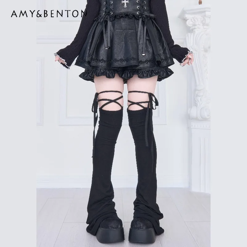 Japanese  Mass-Produced Leg Warmers Subculture Gothic Lace-Up Solid Color Versatile Flared Legwarmer Women Over-the-Knee Socks