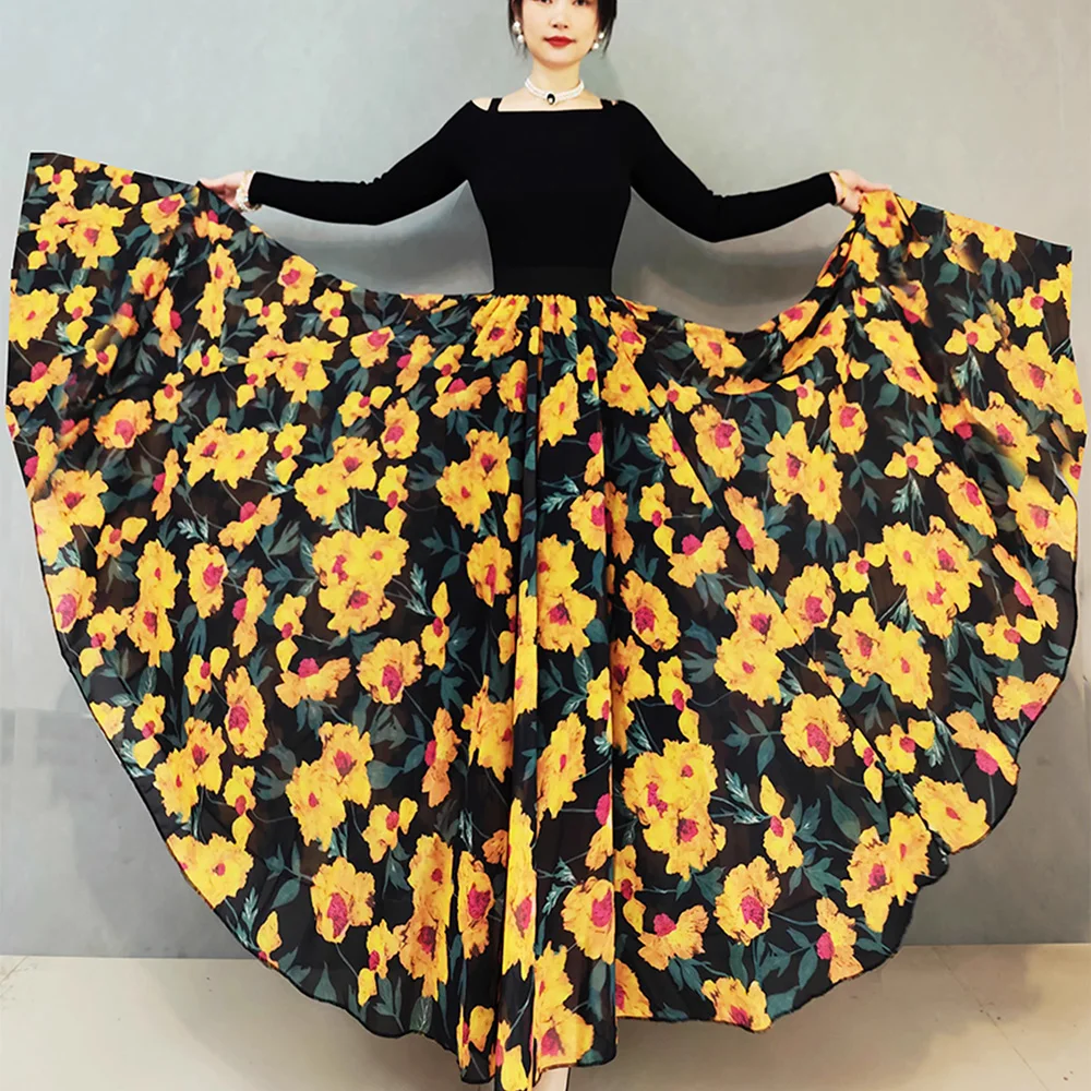 female Chiffon Yellow flower pattern long skirt 2024 Summer 720 degree dance elegant women\'s skirts Woman Long Maxi Skirts