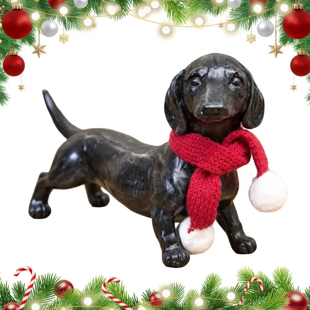 Dachshund Dog Statue Knitted Scarf Dog Resin Dachshund Statue with Scarf Cute Christmas Puppy Figurine Holiday Home for Dog