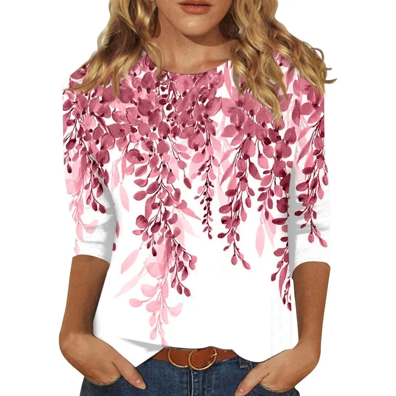 

Spring Summer Women's Fashion Printed Three Quarter Sleeve T-shirt Loose Casual Round Neck Short Sleeve Pullover T-shirt