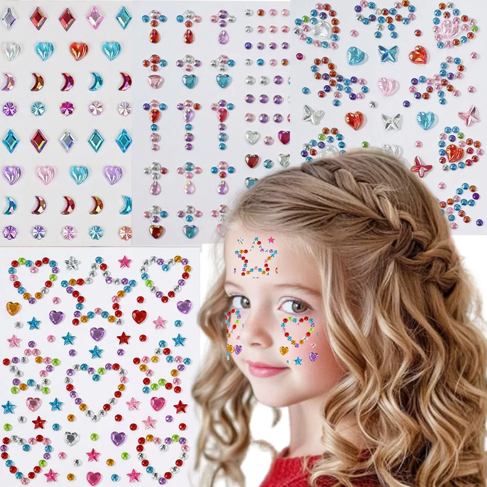 1/4pc 3D Colorful Glitter Gemstones Face Tattoo Sticker Festival Performance Rhinestone Face Makeup Decal Christmas Gift for Kid