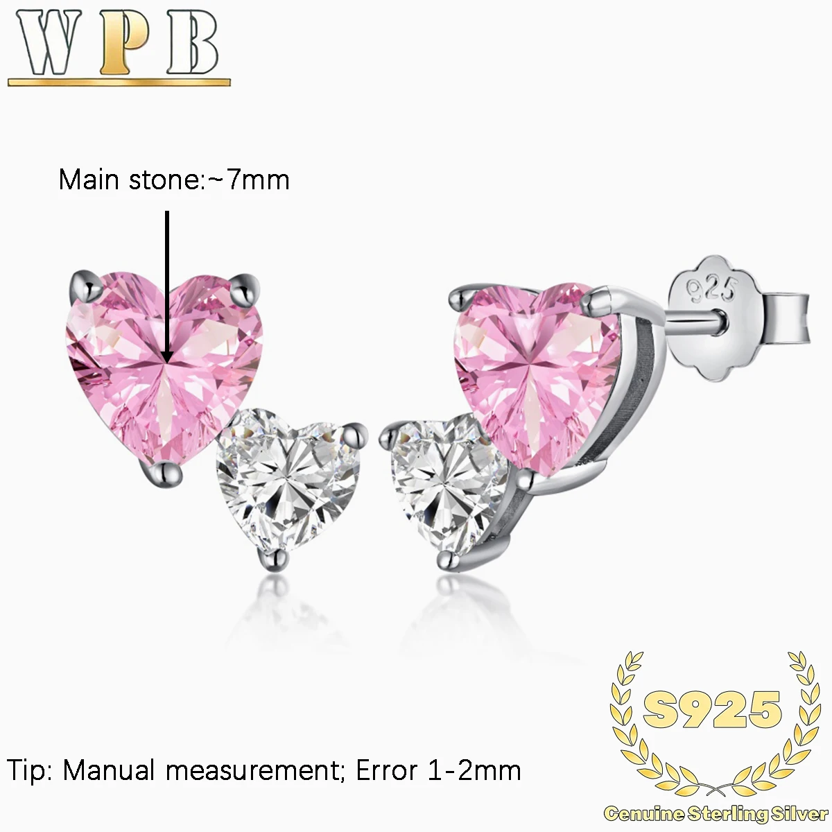 S925 Sterling Silver Stud Earrings Double Heart Pink&Clear Cubic Zirconia Faceted Romantic Gift for Women Valentine Anniversary