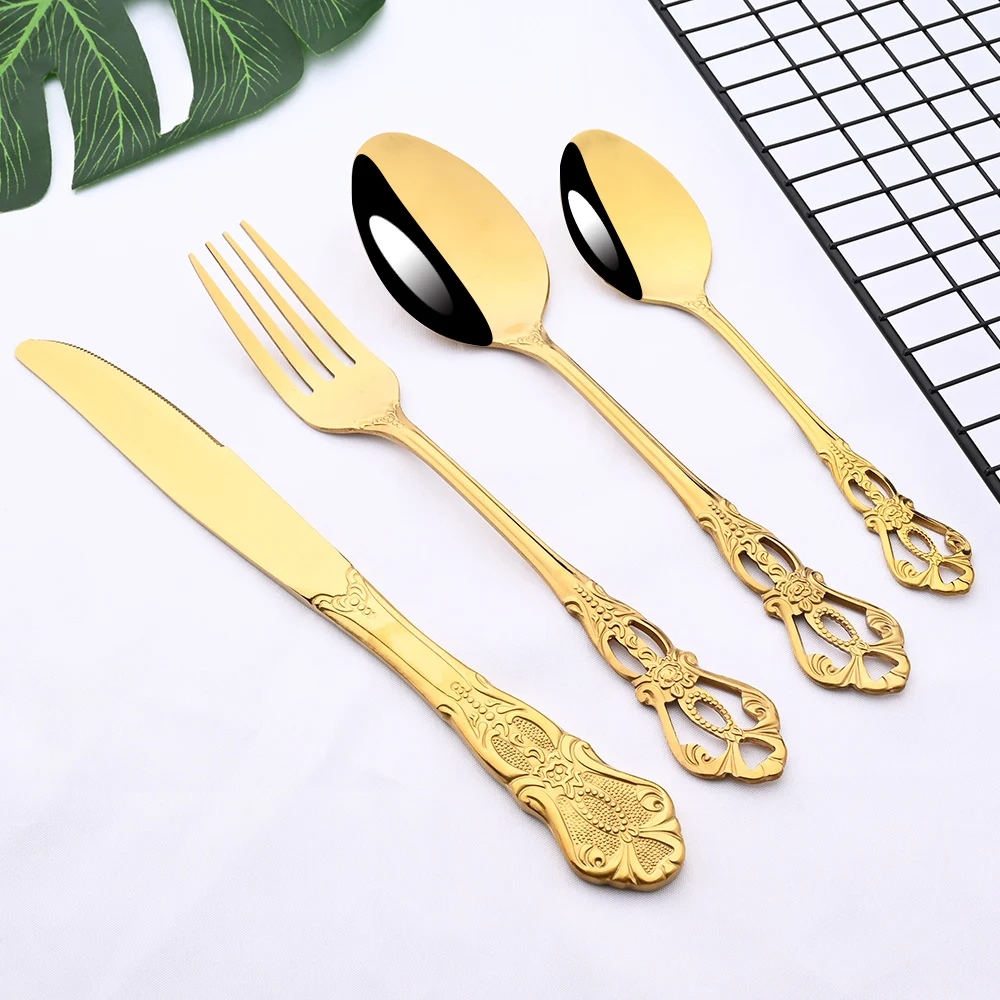 36Pcs/Set Stainless Steel Royal Cutlery Set Gold Dinnerware Western Food Tableware Knife Dessert Fork Spoon Ice Spoon Flatware