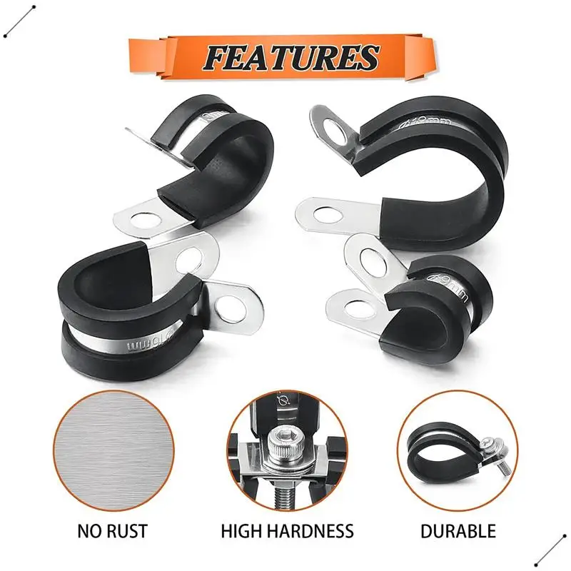 60 قطعة مجموعة متنوعة من مشابك الكابلات، 304 مشابك أنابيب وسادة مطاطية من الفولاذ المقاوم للصدأ R-نوع خرطوم المشبك 7 أحجام متينة وسهلة التركيب #3