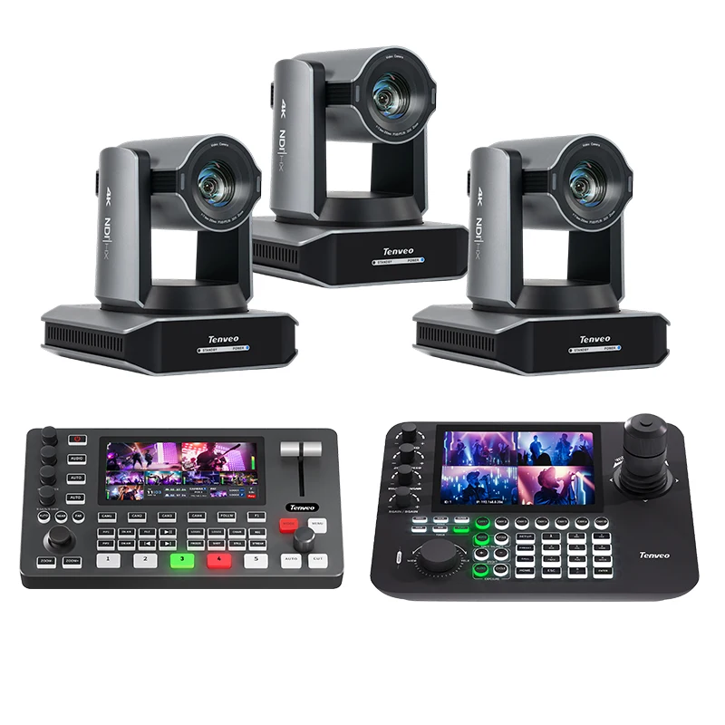 3PCS X60 NDI 4K 60FPS PTZ CAMERA & PC500 HDMI SDI Video Mixer Switcher & 4 Screens Joystick Controller for Education/church