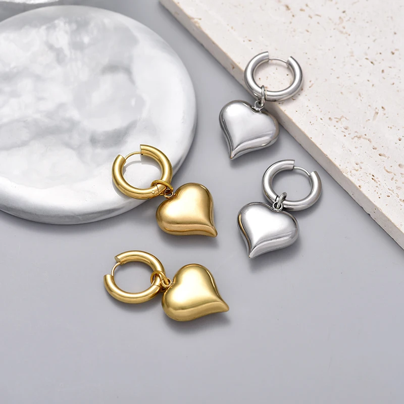 Classic Stainless Steel Heart Pendant Round Hoop Earrings For Women Gold Silver Color Big Statement Female Jewelry Earrings Gift