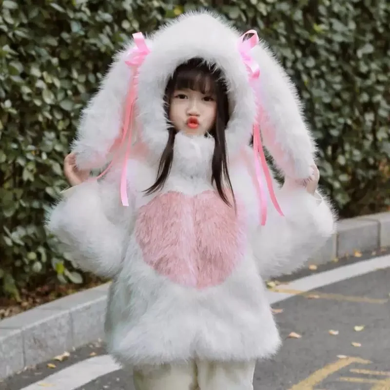 Girls Thickened Faux Fur Cotton Coat Cute Rabbit Ear Hooded Plush Sweater Children's Clothing 2025 New Trendy Winter Outerwear