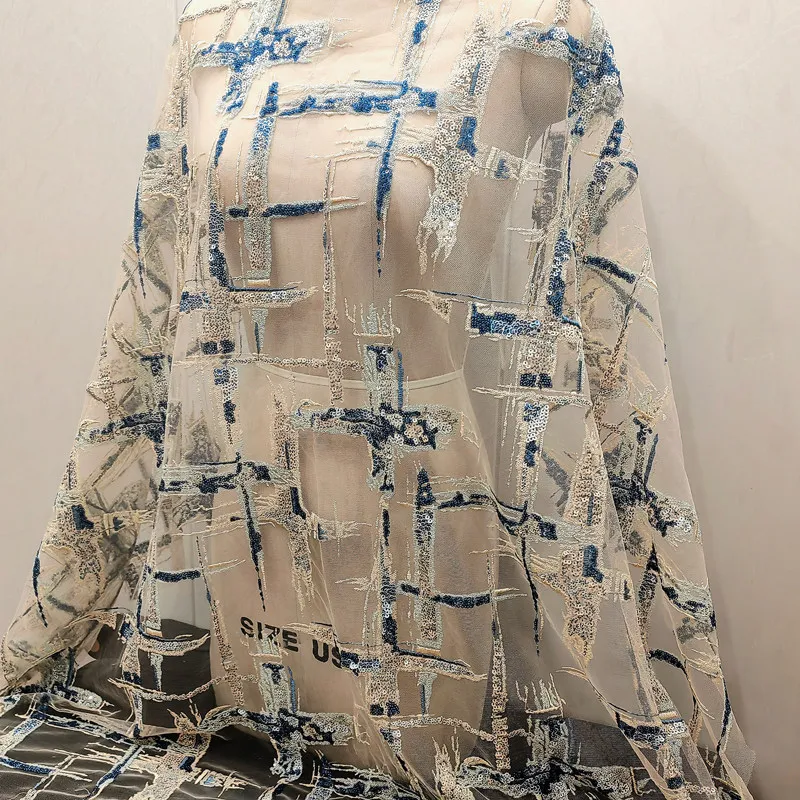

Bridal Lace Trim Material with Blue Silver Bead Sequins Cross Embroidered Tulle Applique Patches for DIY Wedding Dress Fabric