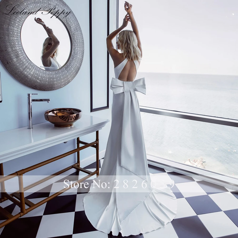Lceland Poppy Customized Sexy Mermaid Satin Wedding Dresses Sleeveless Backless Bridal Gowns with Removable Belt