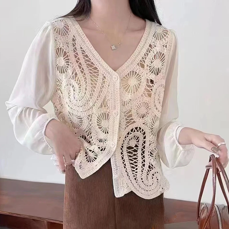 

Embroidery Paisley Crochet Top for Women Sheer Openknit Chiffon Sleeve Button Front Blouse Summer Fairycore Cottagecore Outfit