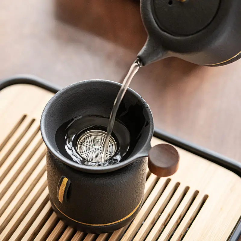 Frosted tea filter holder Household black pottery kung fu tea separation filter Light luxury tea leak tea strainer