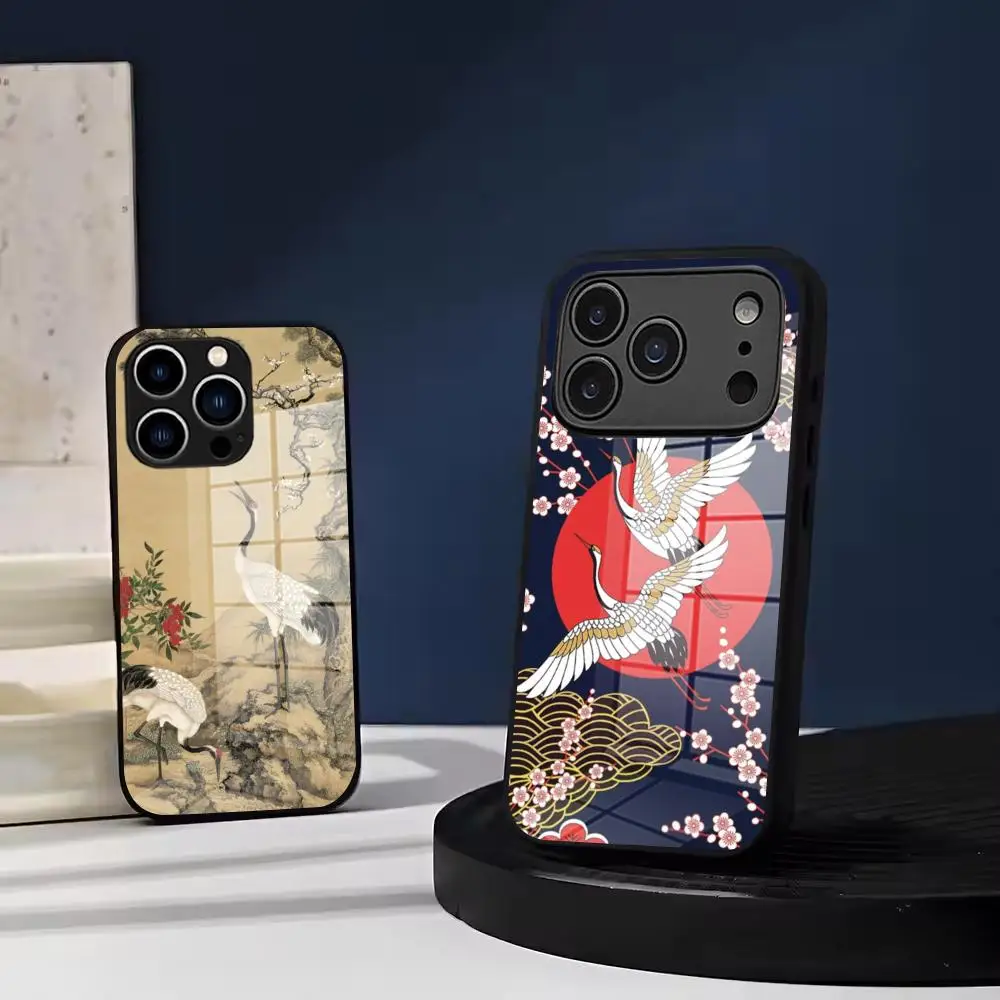 Чехол для телефона Grus japonensis Art из закаленного стекла для iPhone 17 Air 16 15 Pro Max 14 13 12 Plus, Samsung S26 S25 Ultra