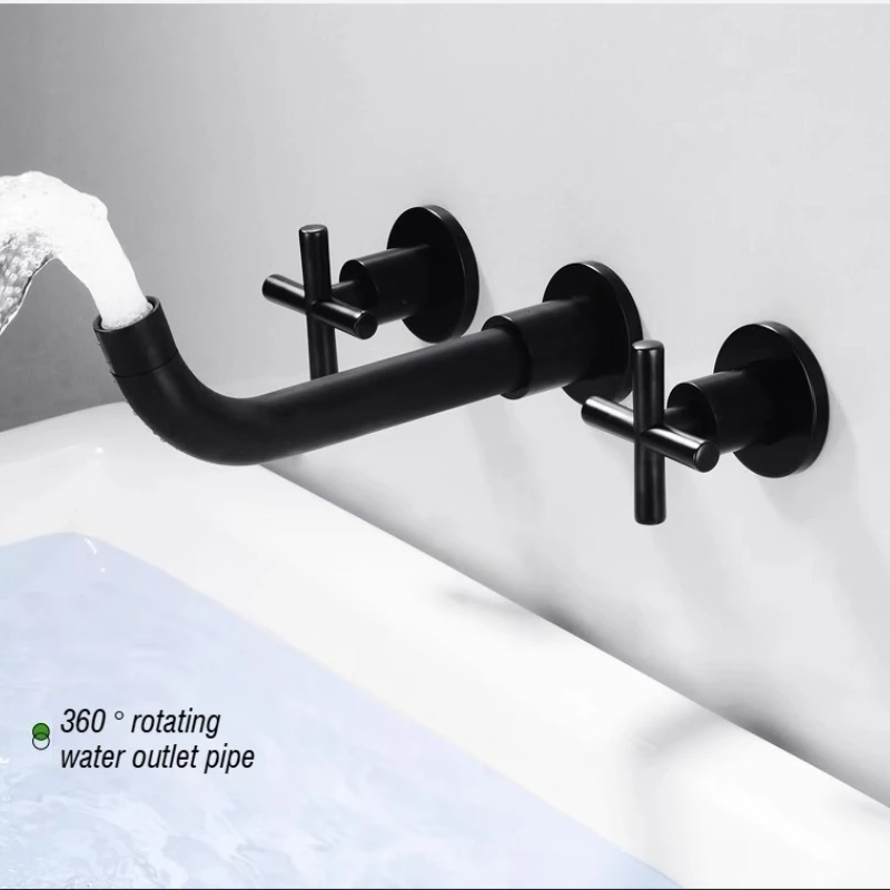 Black Modern All Copper Wall Mounted Three Piece Bathroom Set Basin Faucet Washbasin Valve Core Included