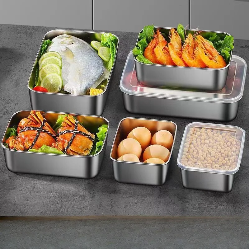 Stainless Steel Food Storage Serving Trays Rectangle Sausage Noodles Fruit Dish with Cover Home Kitchen Organizers FoodContainer