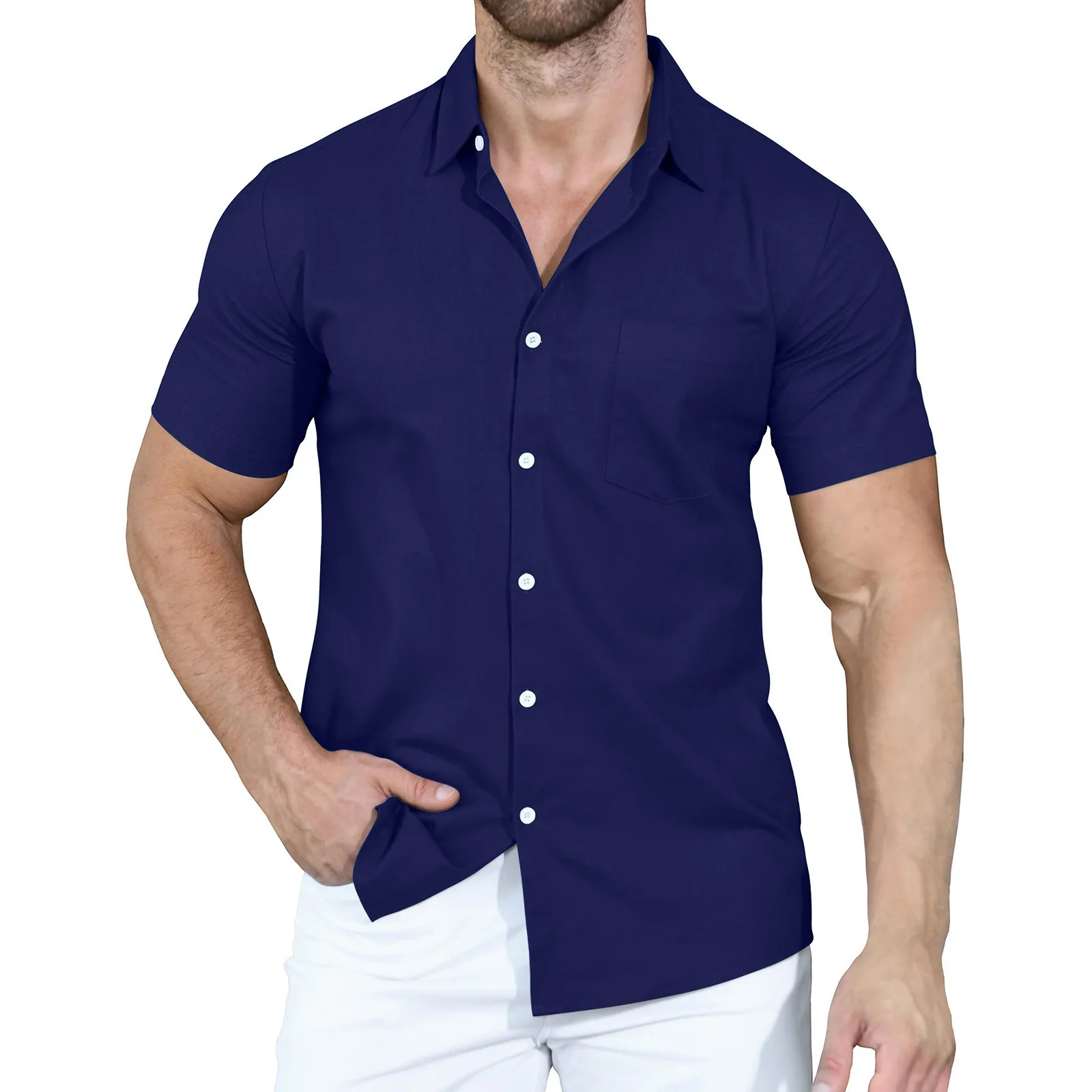 2023 Summer New Men\'s Shirts Cross border Solid Color Polo Button Loose Short Sleeve Shirt for Men