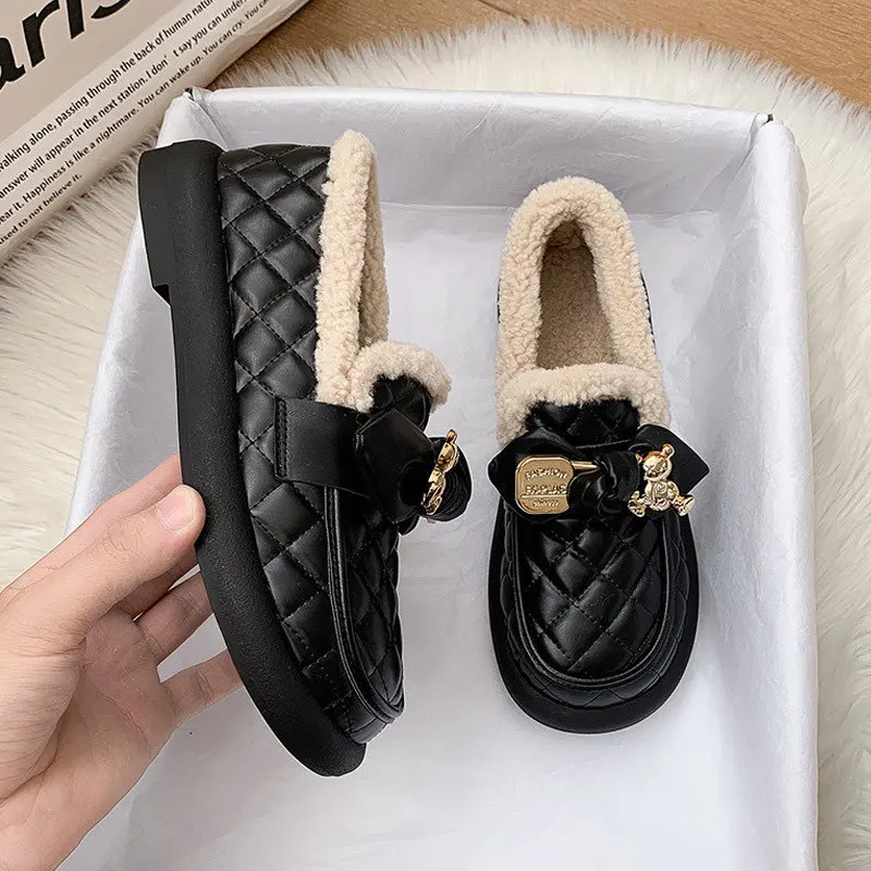 Loafers Fur Casual Woman Shoe Slip-on All-Match Round Toe Shallow Mouth Winter Slip On Comfortable New Moccasin Slip-On Rubber B