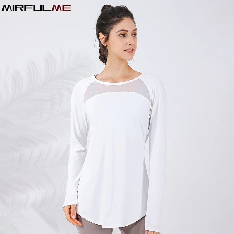 Women Loose Yoga Shirts Long Sleeves T-Shirts Mesh Breathable Sport Running Sweatshirts Covering Buttock Gym Fitness Tops Blouse