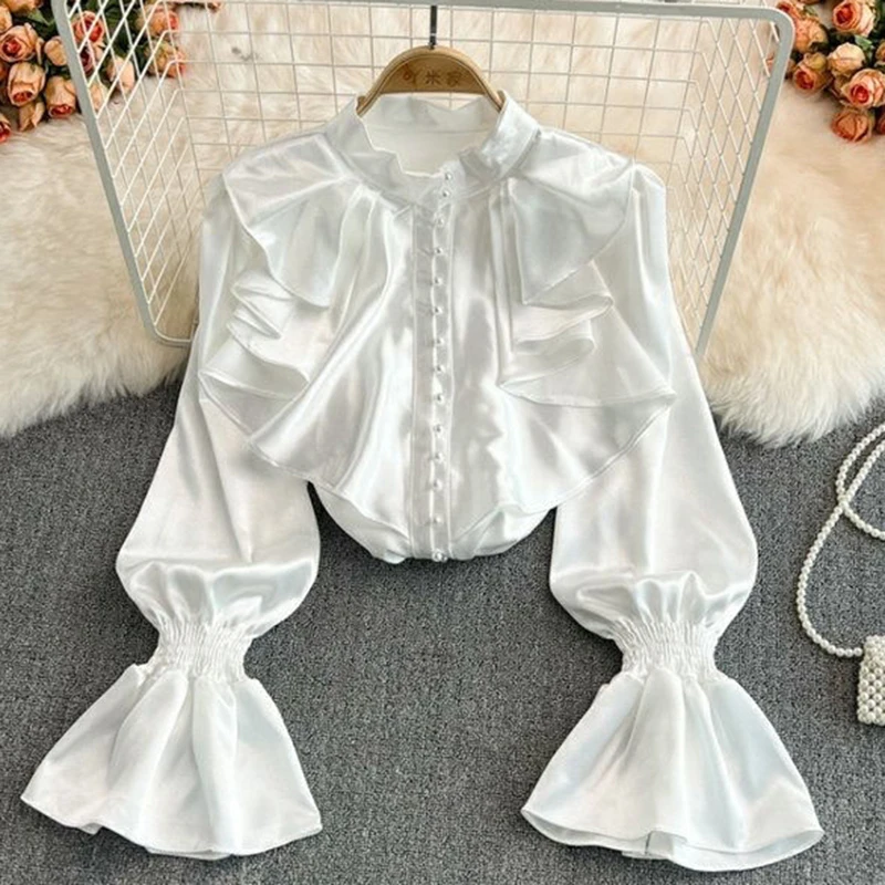 Vintage Elegant Blouses Women Stand Collar Flared Sleeve Satin Pleated Ruffle Shirt Chic Loose Office Lady Style Button Tops