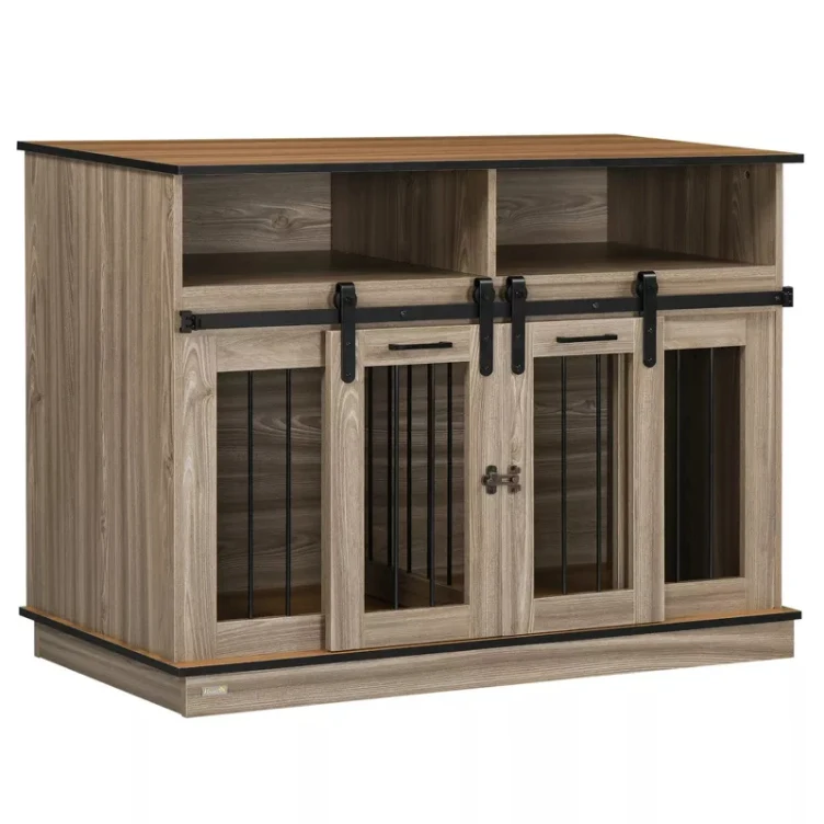 Factory Direct Oak Wood Sliding Doors Double Dog Kennel Pet Crate Furniture For Large Dogs With Shelves