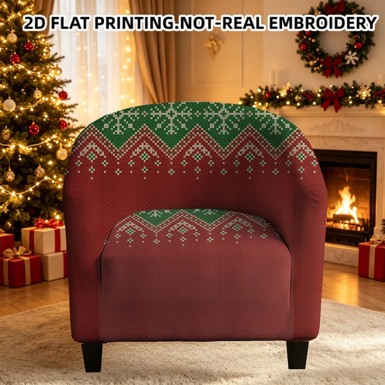 Christmas Fair Isle seamless red-green imitation knitted pattern armrest sofa cover, 2D printed elastic single club sofa cover