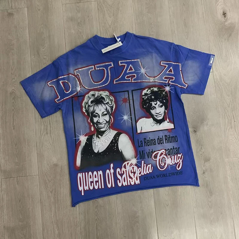 DUAA 2026 Summer American Vintage Character Direct Print Men Women Street Washed Distressed Casual Blue T-Shirt