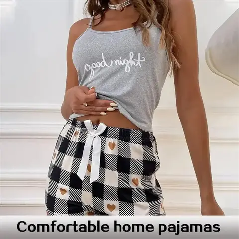 여름 여성의 섹시한 캐미솔 잠옷 세트 여성의 인쇄 된 편지 탑 체크 무늬 인쇄 반바지와 짝을 이루었습니다 홈 잠옷 세트