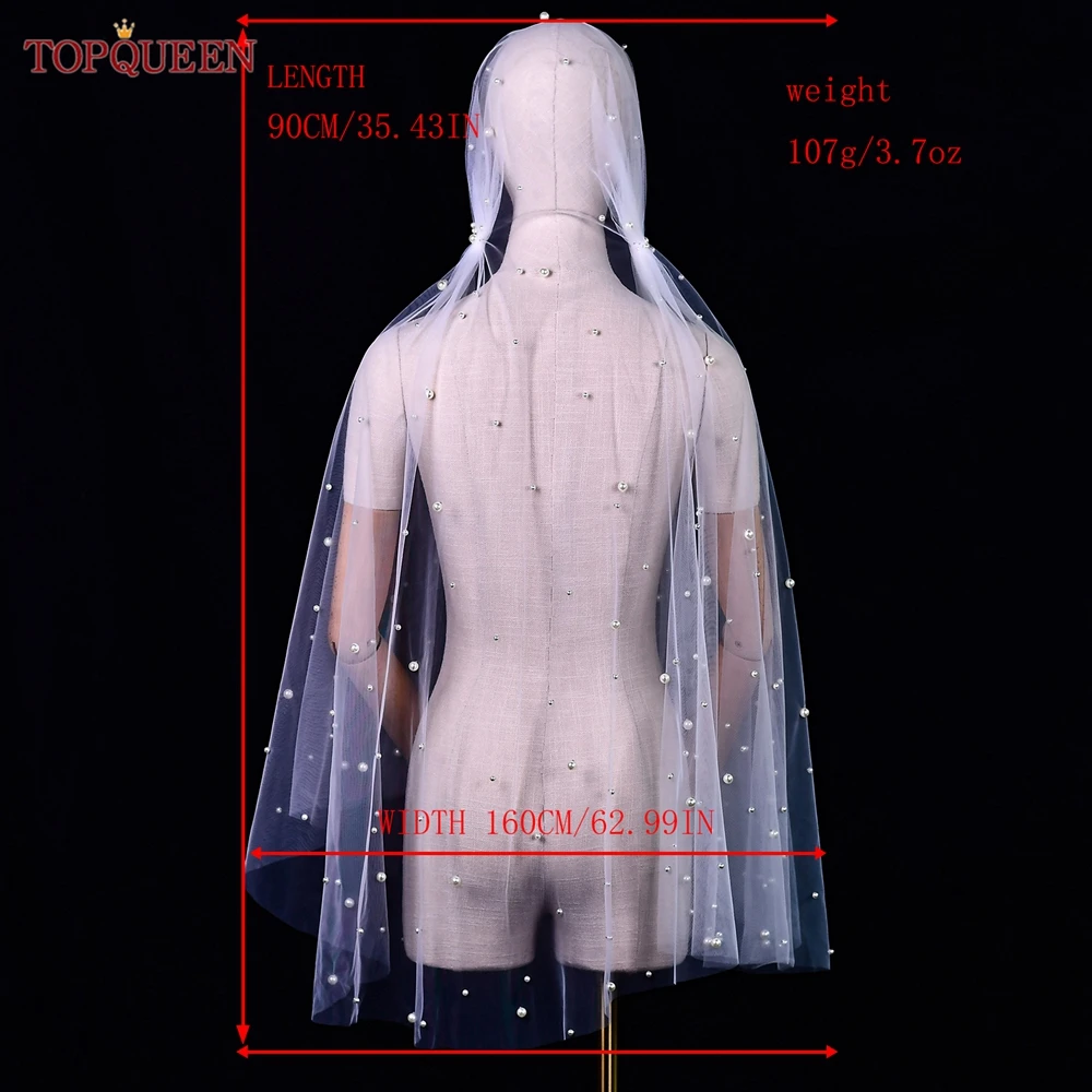 TOPQUEEN V12 Cheap Bridal Vintage Veil Hood Design Pearl Waist Length Single Layer Without Hair Comb Wedding Accessories