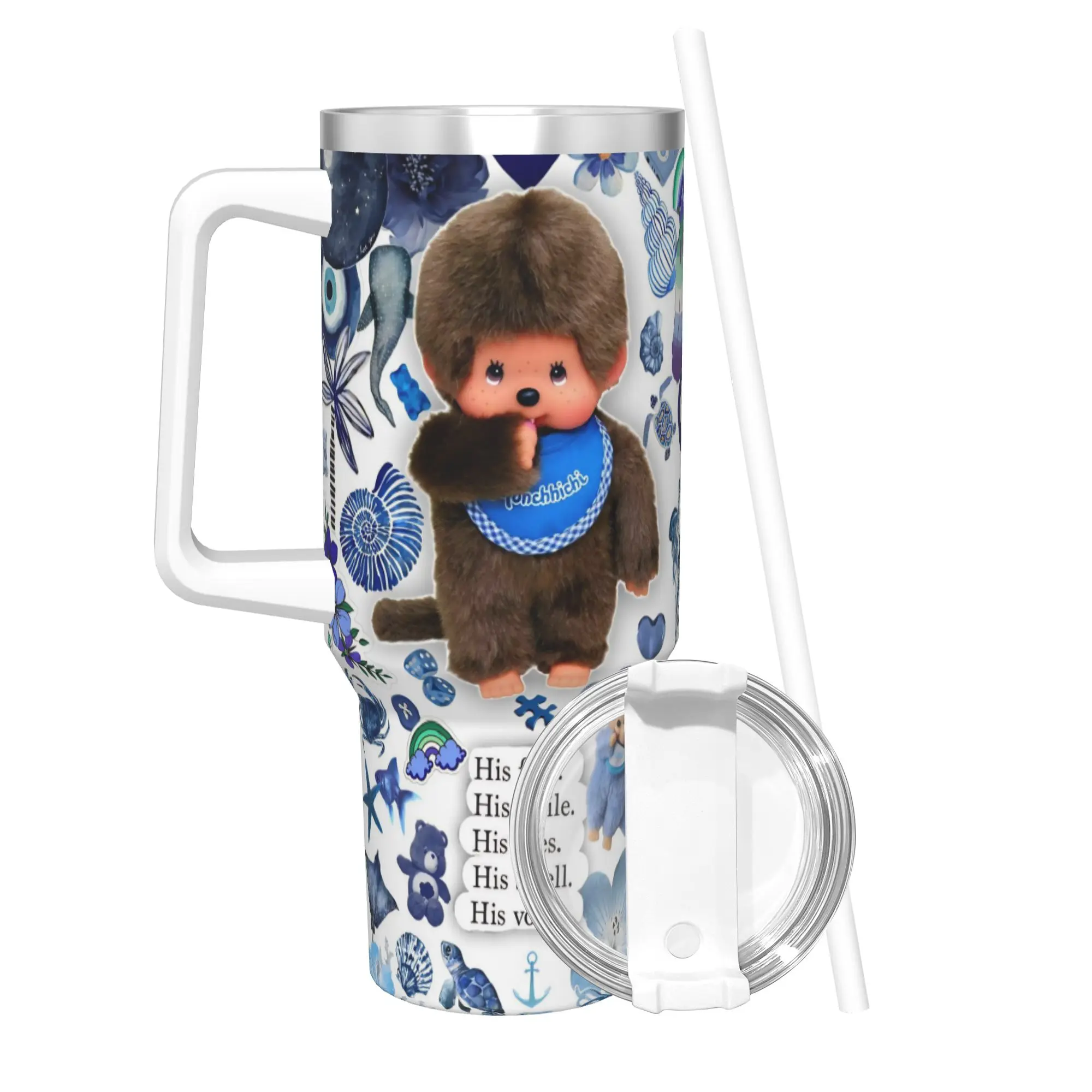 

Термокружка Kawaii Monchhichis с вакуумной изоляцией, крышкой и соломинкой, автомобильная кружка, бутылка для воды, 40 унций