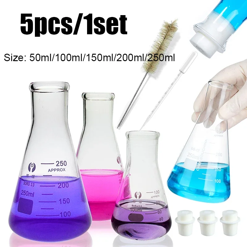 

50-250ml 5pc/1pcs narrow mouth glass Erlenmeyer triangular flask 15-68mm silicone stopper set for laboratory scientific research