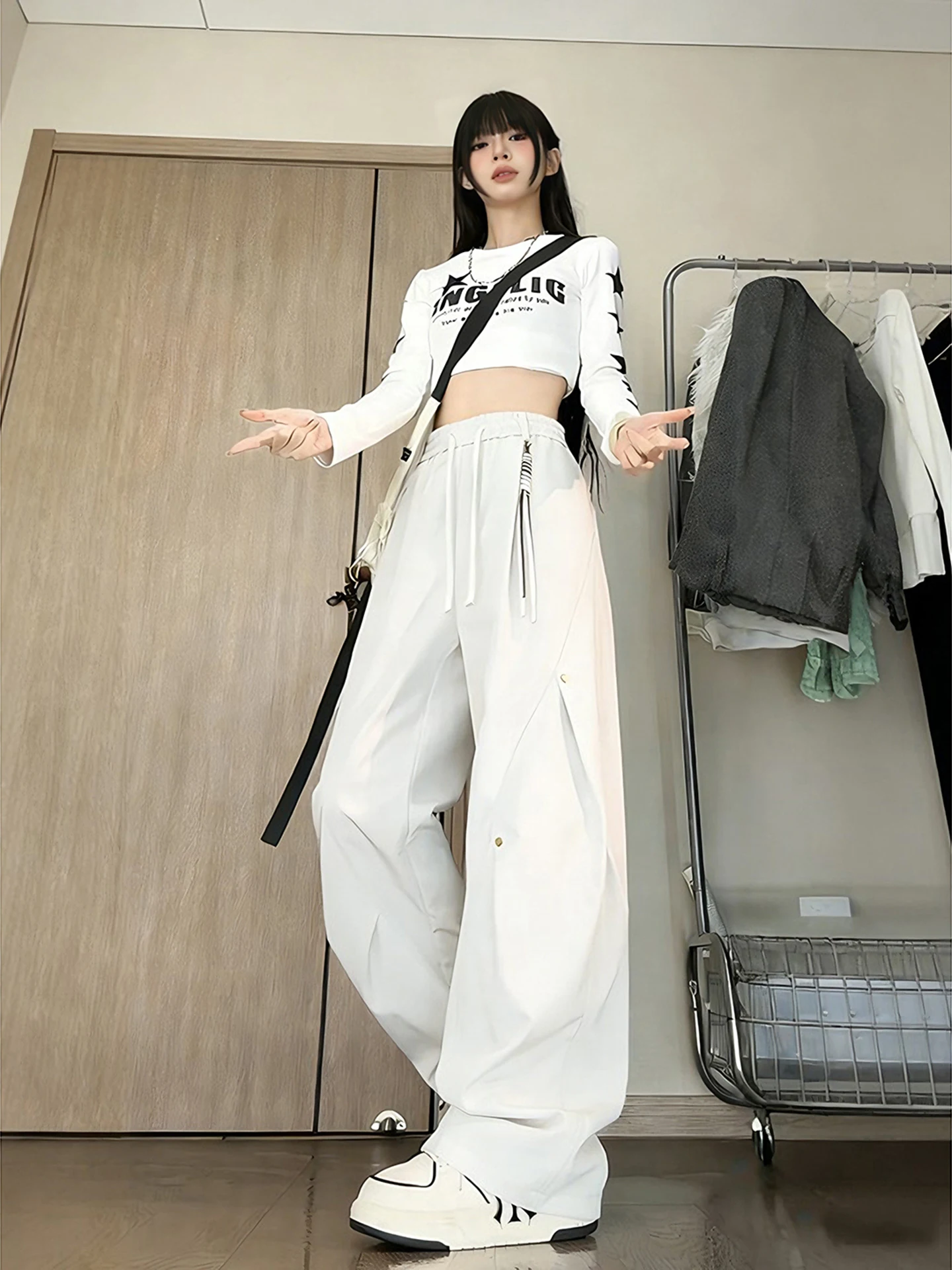 

Американские брюки-палаццо с высокой талией и плиссировкой, унисекс, весенние, в стиле десантников, повседневные, свободного кроя, прямые штанины