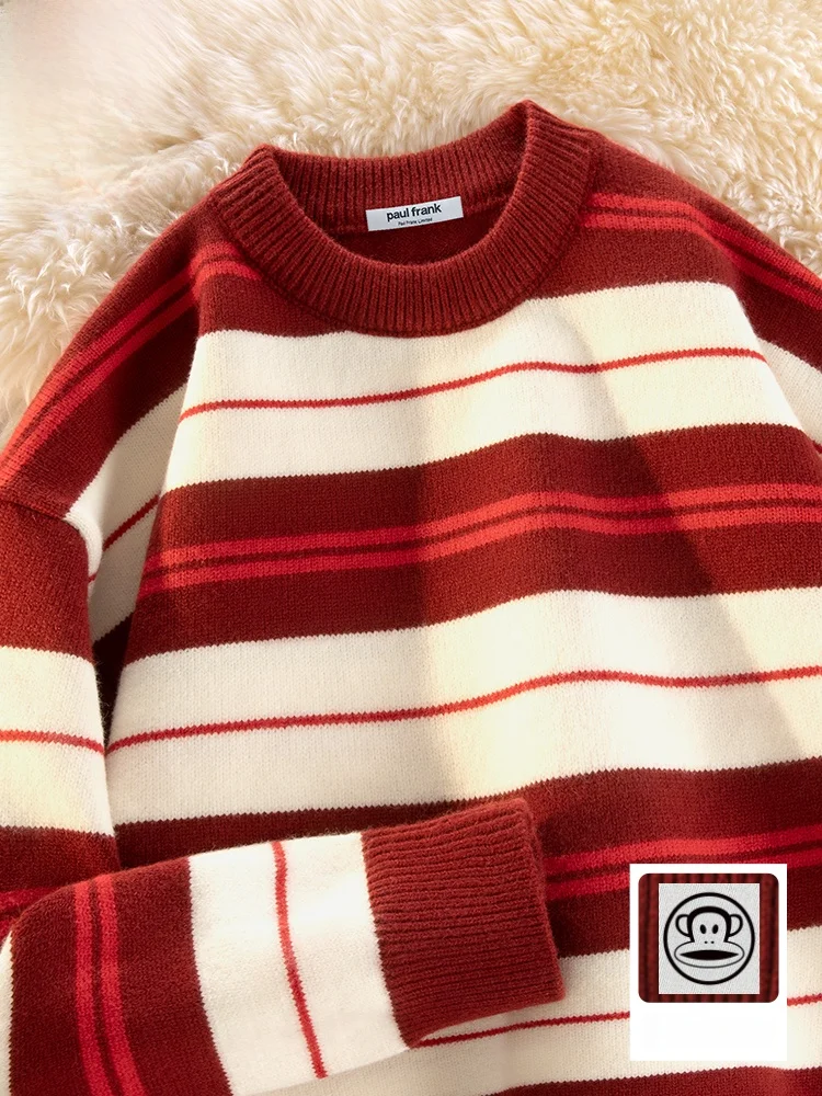 

Retro Striped Knit Sweater Men's Winter Red Fortuneteller round Ne Loose Fit Faion Urban Sle Long Sve Bas...