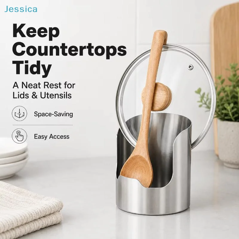 〔S〕Stainless Steel Pot Lid Holder Spoon Holder Rust-Resistant And Features Compartment Heat-Resistant Easy To Clean