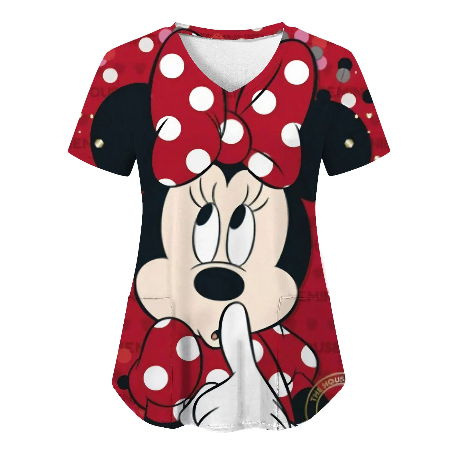 Mickey T-shirts Nurse Uniform Tops Disney Pocket Shirt V Neck Top Women 2024 Hospital T-shirt Summer Woman Clothes Minnie Mouse