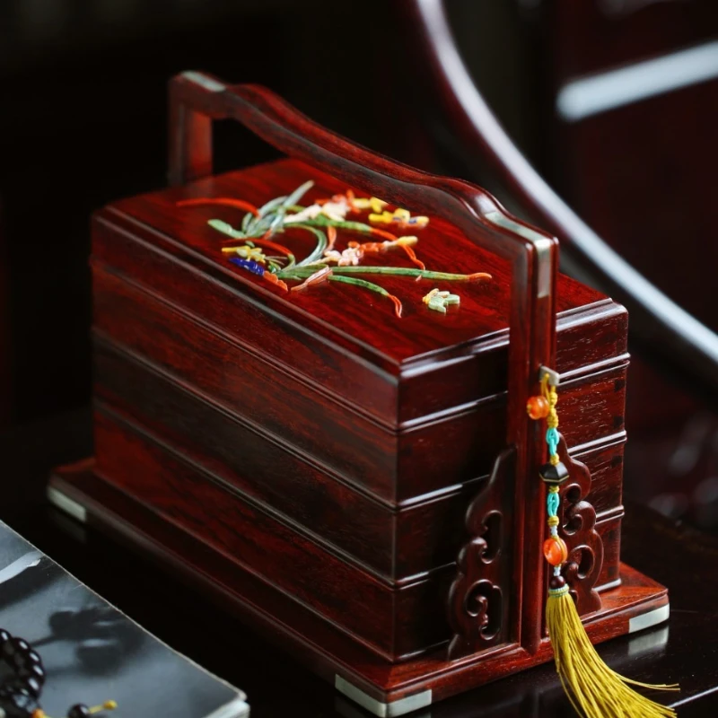 Leaflet rosewood treasure inlaid jade suitcase high-grade mahogany food box single-board tea