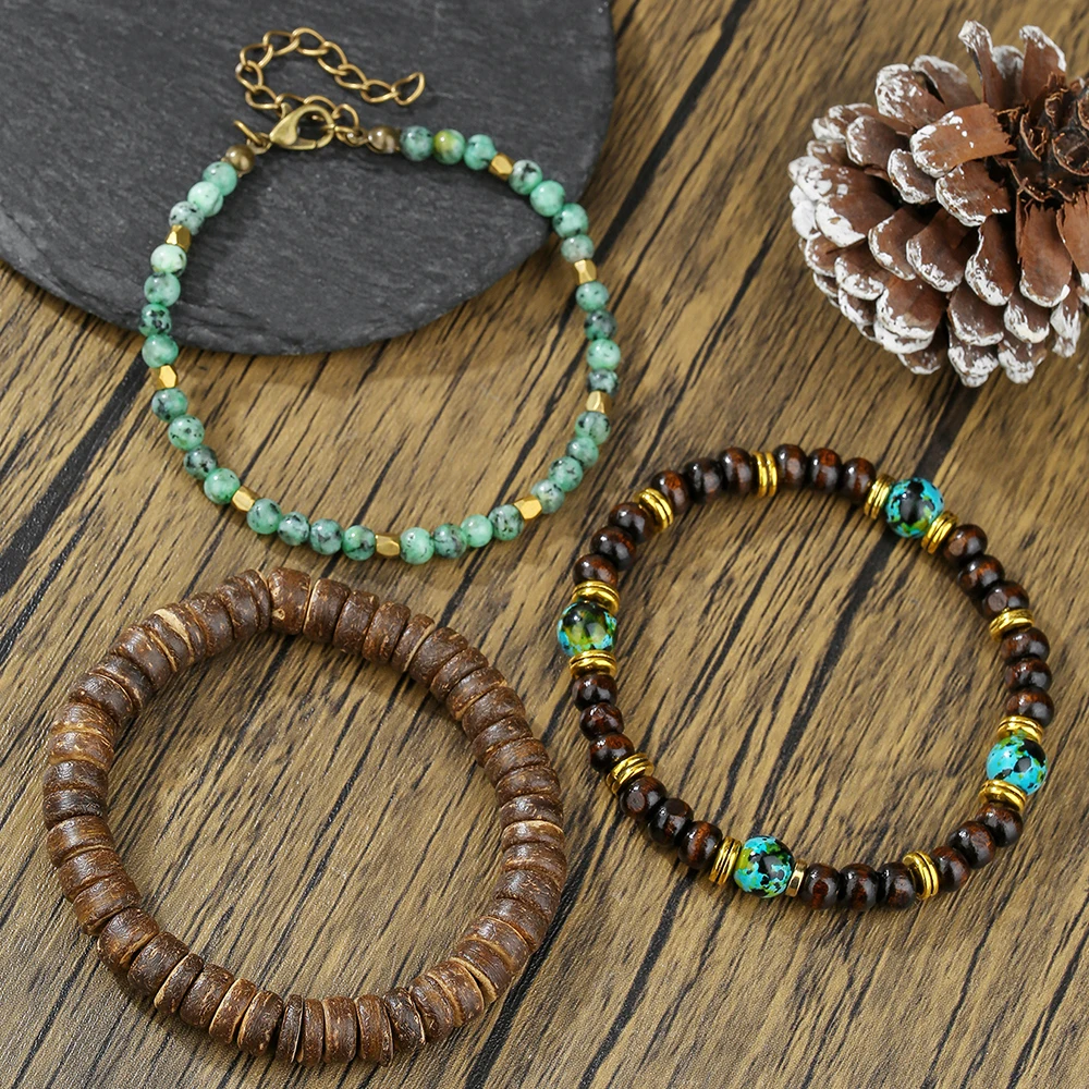 

Retro Tiger Eye Pine Wood Bead Coconut Shell Beaded Bracelet Set Male Stacking Bracelet Surfer Style Jewelry Gift