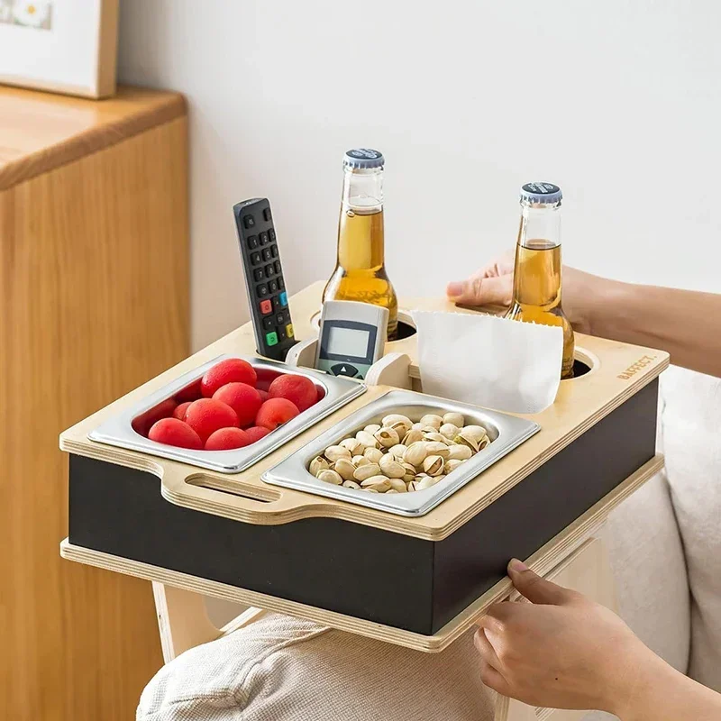Rectangle Bamboo Tray Desktop Remote Control Holder Snack Burger Tray for Food Sofa Snack Box Couch Arm Table Drink & Beer Box