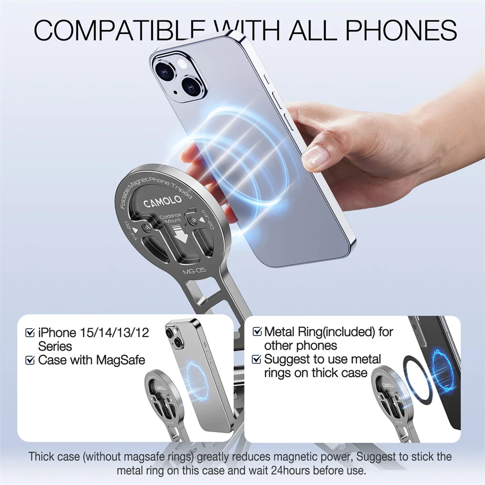 Aluminum Magnetic Selfie Stick Tripod w Arca Plate 1/4-20 Cold Shoe Foldable Phone Tripod Mount for Magsafe Iphone 15 14 Samsung