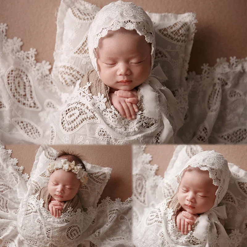 Accessoires de photographie pour nouveau-né, dentelle ronde, chapeau et oreiller, accessoires de tournage pour bébé fille, sauna et fleur, studio photo, café et document, ensemble à thème