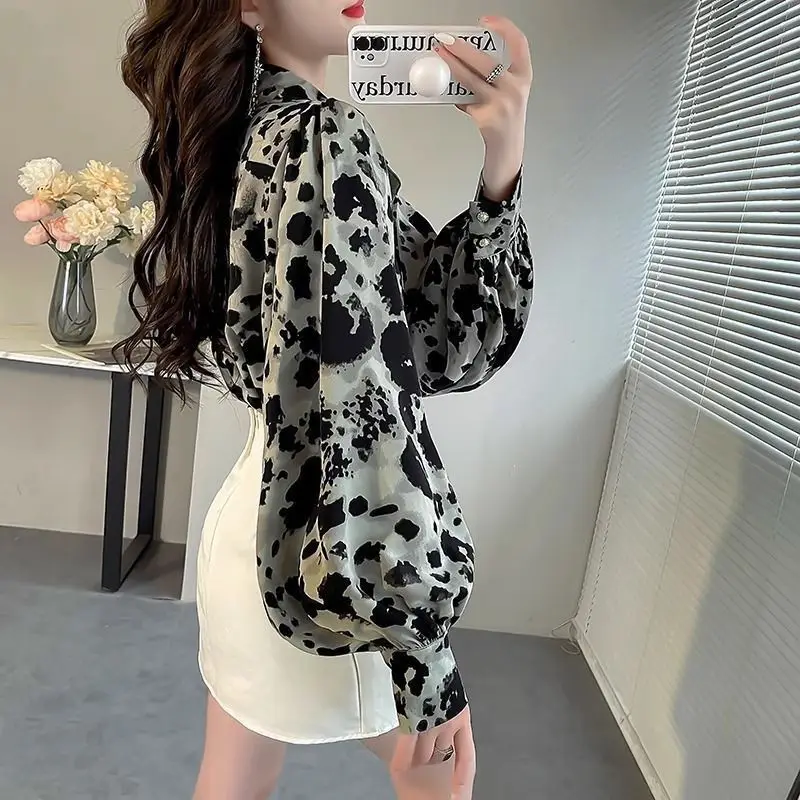 Women\'s Spring and Autumn New Fashion Elegant POLO Collar Print Button Casual Versatile Lantern Sleeve Loose Chiffon Shirt Tops