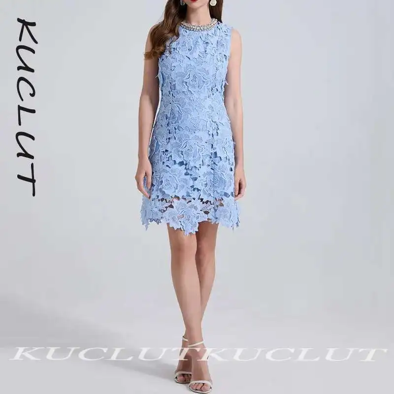 

KUCLUT Fashion Diamond Collar Hollowed Out Three-dimensional Lace Dresses For Women High-end Solid Color Dress Female Trend K364