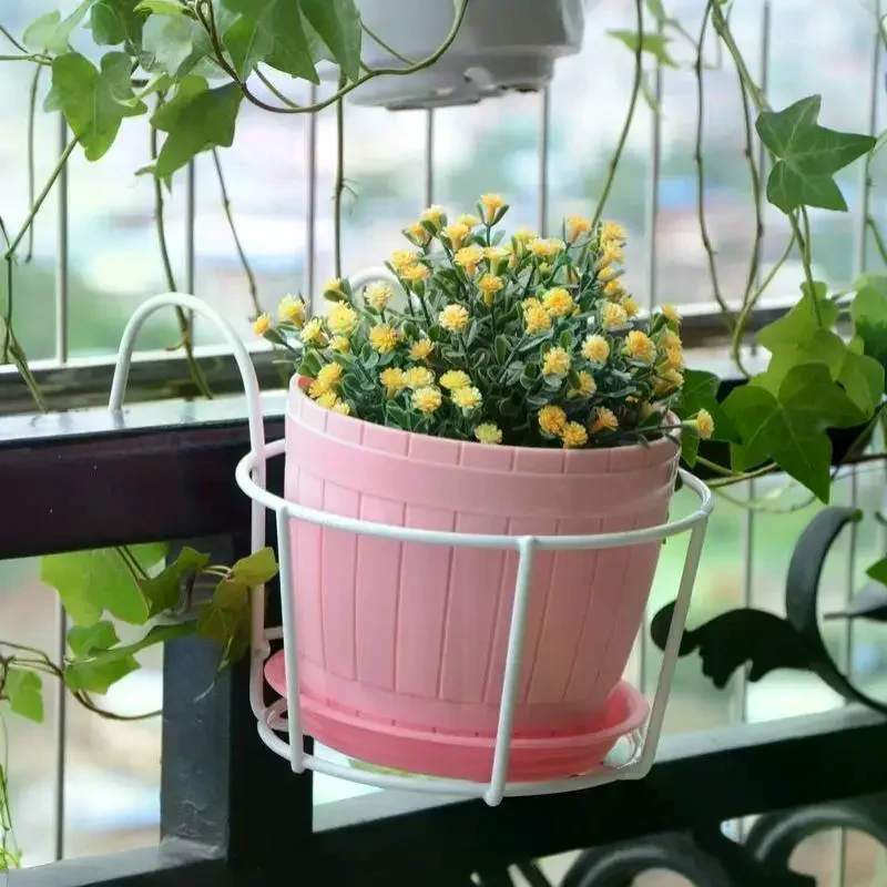 Adjustable Hanging Iron Plant Rack Round Flower Pot Holder for Balcony Railing Fence Porch Indoor Outdoor Garden Decor
