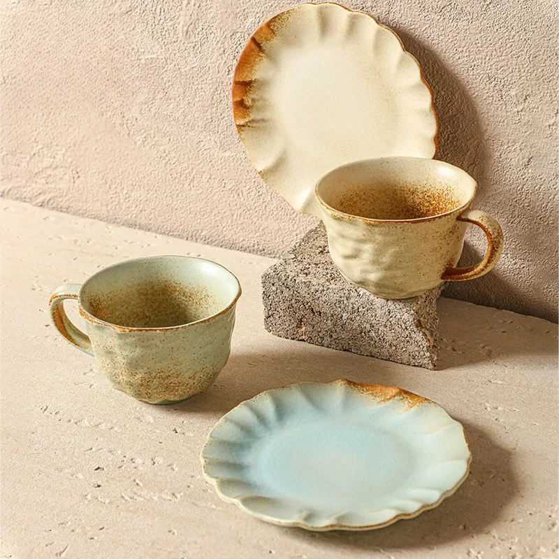 

Unique Kiln Transformation Coffee Cup Set Handmade Textured Ceramic Mug And Saucer For Couples Retro Design