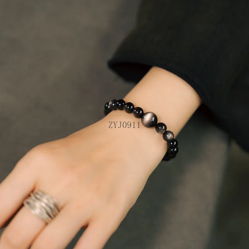 Bracelet en obsidienne argentée, design créatif, œil de chat noir, personnalité masculine, polyvalent, cercle unique, bijoux