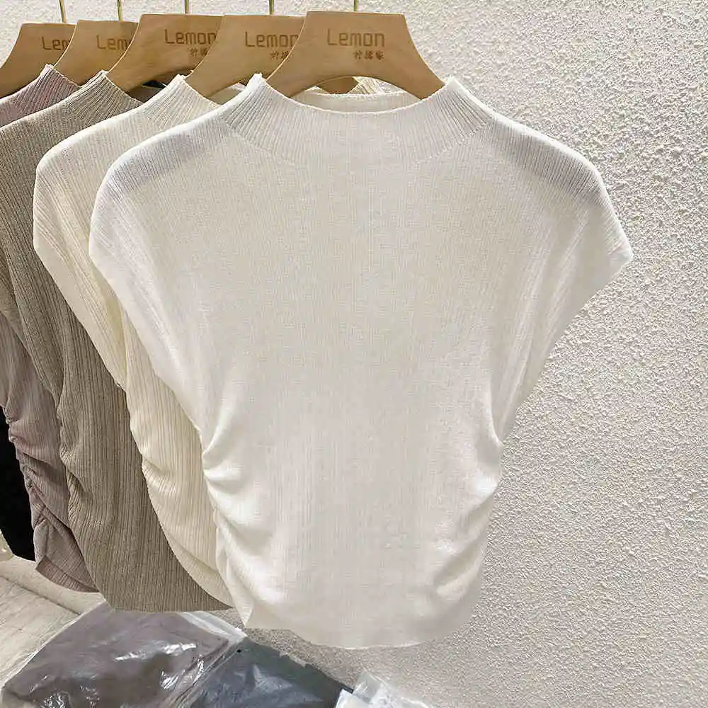 Halbhoher Kragen Taillenschmeichelndes Einzigartiges Design Figurbetontes Kurzarm-Unterhemd 2026 Frühling Sommer Eisseide Strick-T-Shirt