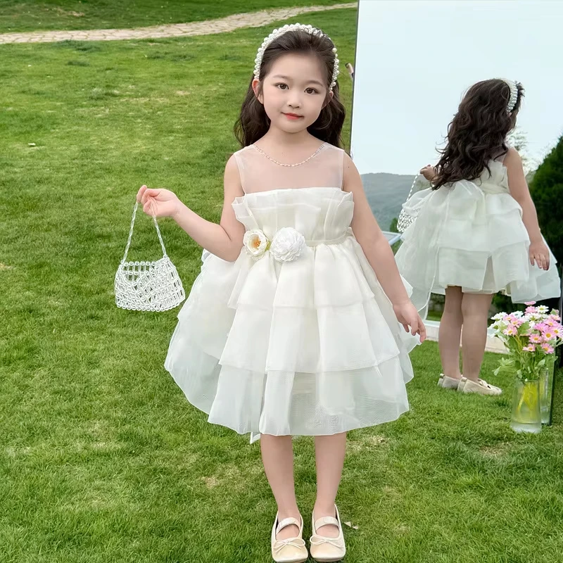 

Girls Princess Dress Spring Summer 2026 New Fashion Girls Baby Cute Puff Cake Dress White Sweet Flower Girl Birthday Dress
