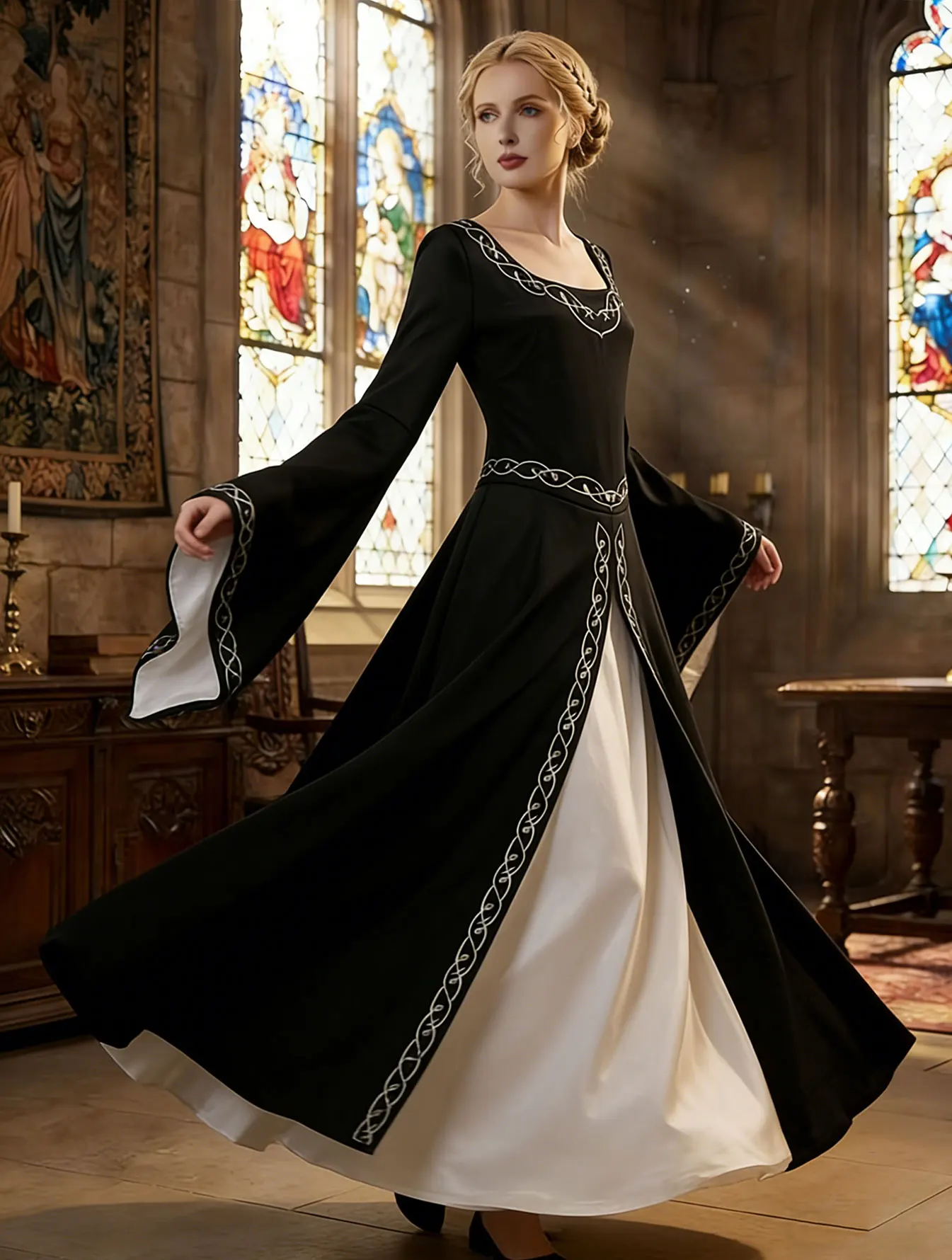 

Medieval Renaissance White Bell Sleeve Dress - Elegant Princess Gown for Cosplay & Wedding