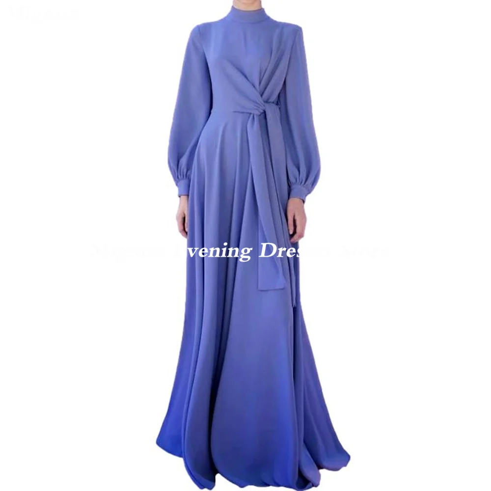 Mignon Satin A-line O-neck Arab Ruffle Prom Gown Floor Length Saudi Evening Formal Elegant Party Dress for Women 2023