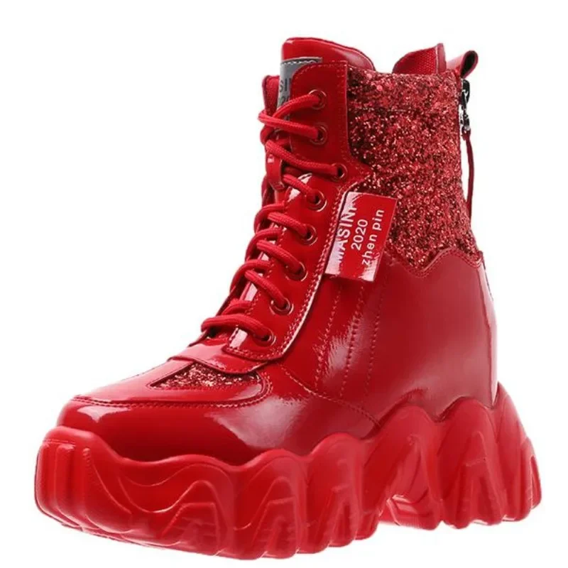 7CM autunno Bling stivali in pelle tacchi a zeppa stivaletti da donna scarpe da ginnastica con plateau alte scarpe da moto rosse invernali scarpe da