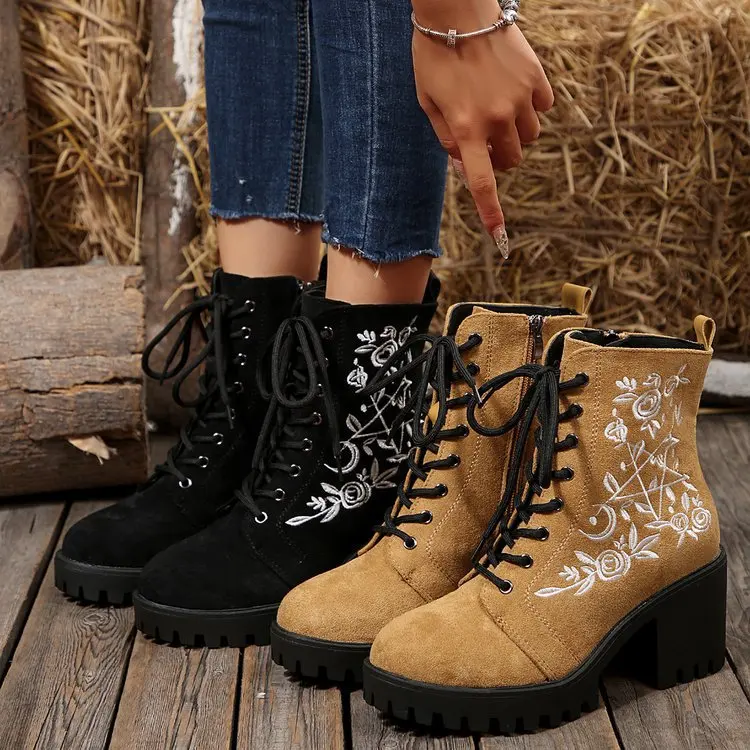 2025 new Flower Platform Boots Chunky Punk Suede Leather Womens Gothic Shoes Nightclub Lace Up Back Zipper High Quality